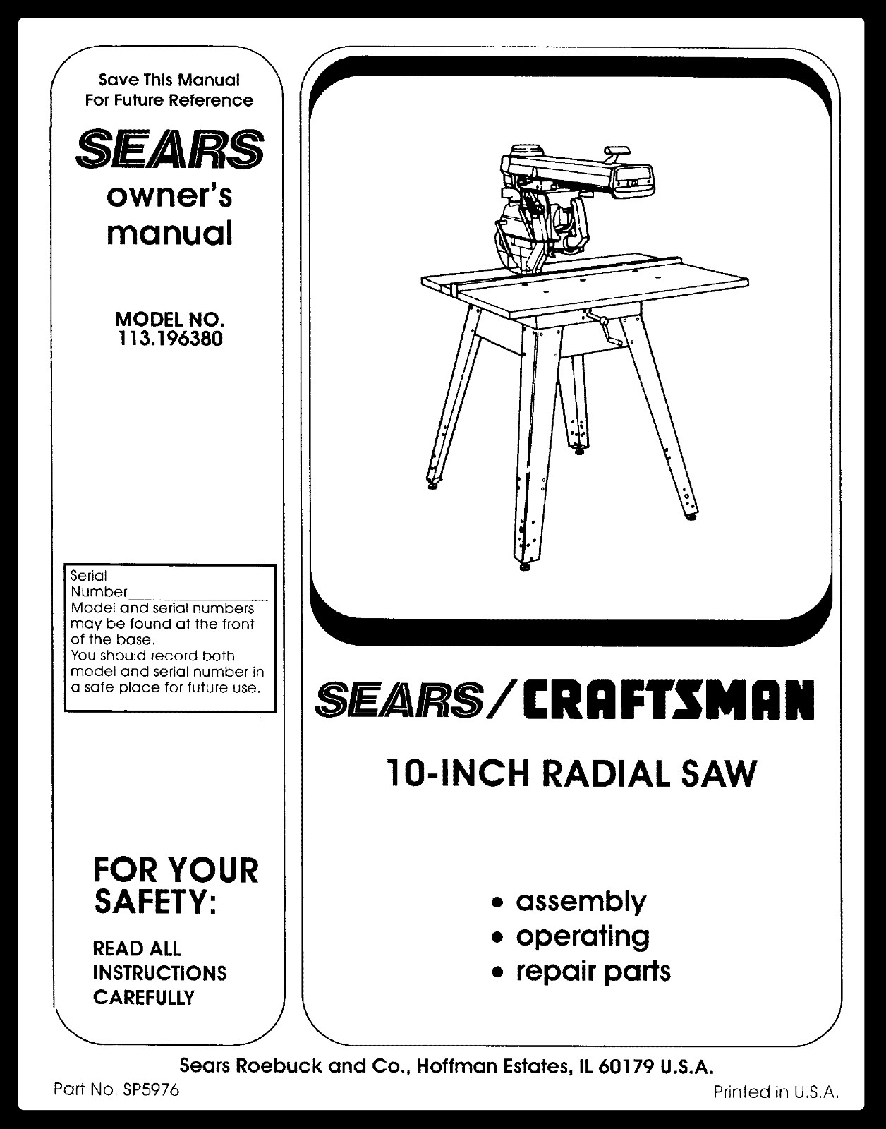 Sears Craftsman 10&Prime; Radial Saw 113.196380 Instruction Manual: 80 Pages