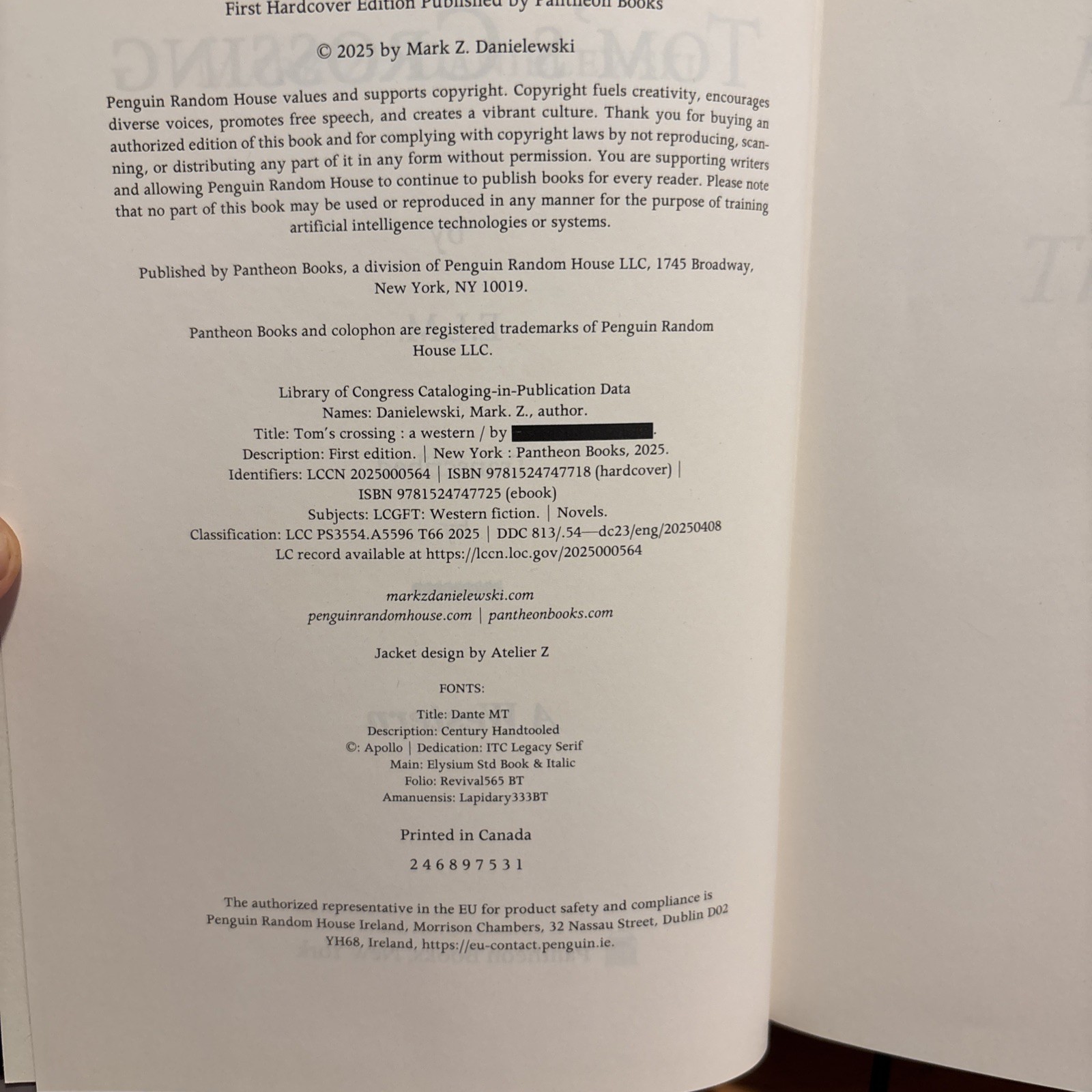 MARK Z DANIELEWSKI TOM&rsquo;S CROSSING Publisher Signed 1st Edition Unread