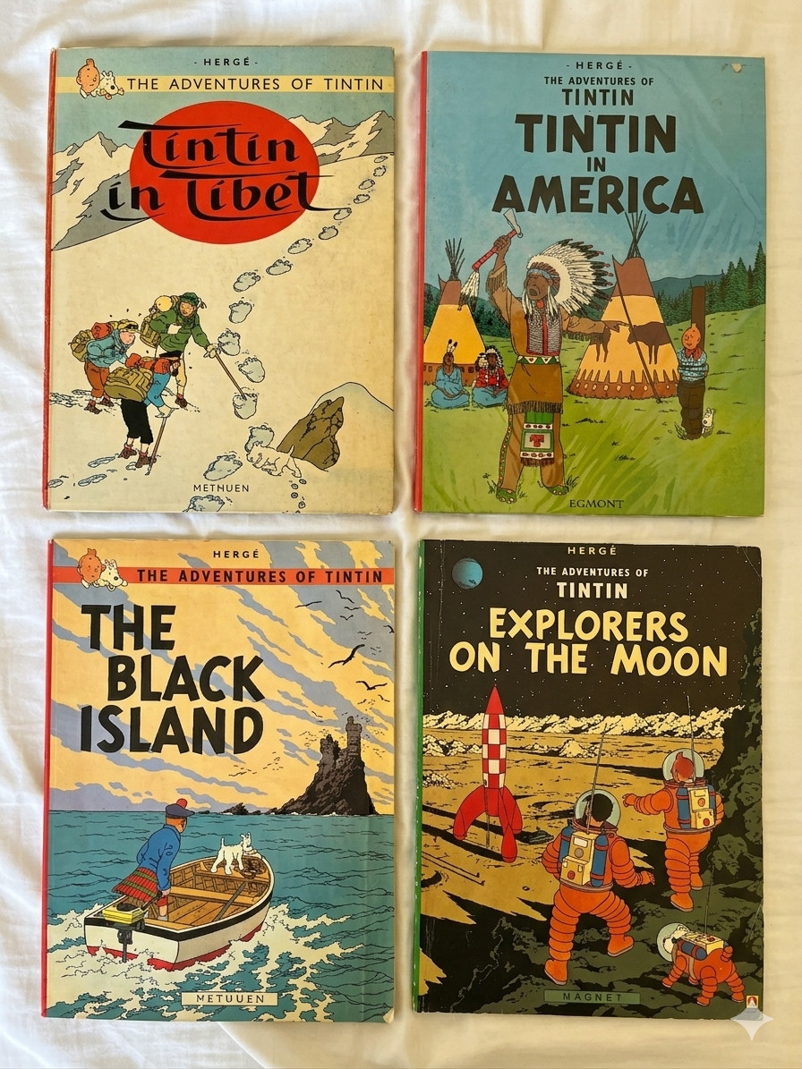 Adventures of Tintin Herge 4 Book – Moon, Black Island, America & Tibet 1968