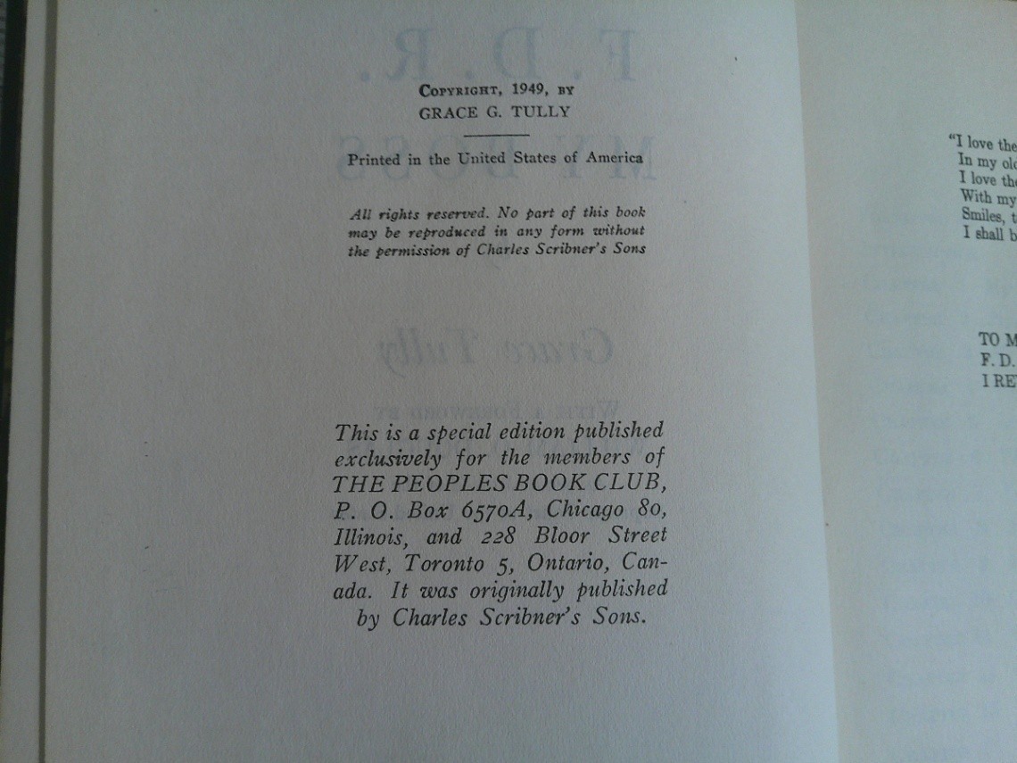 F.D.R. My Boss Grace Tully Peoples Book Club Vintage Biography Hardcover 1949