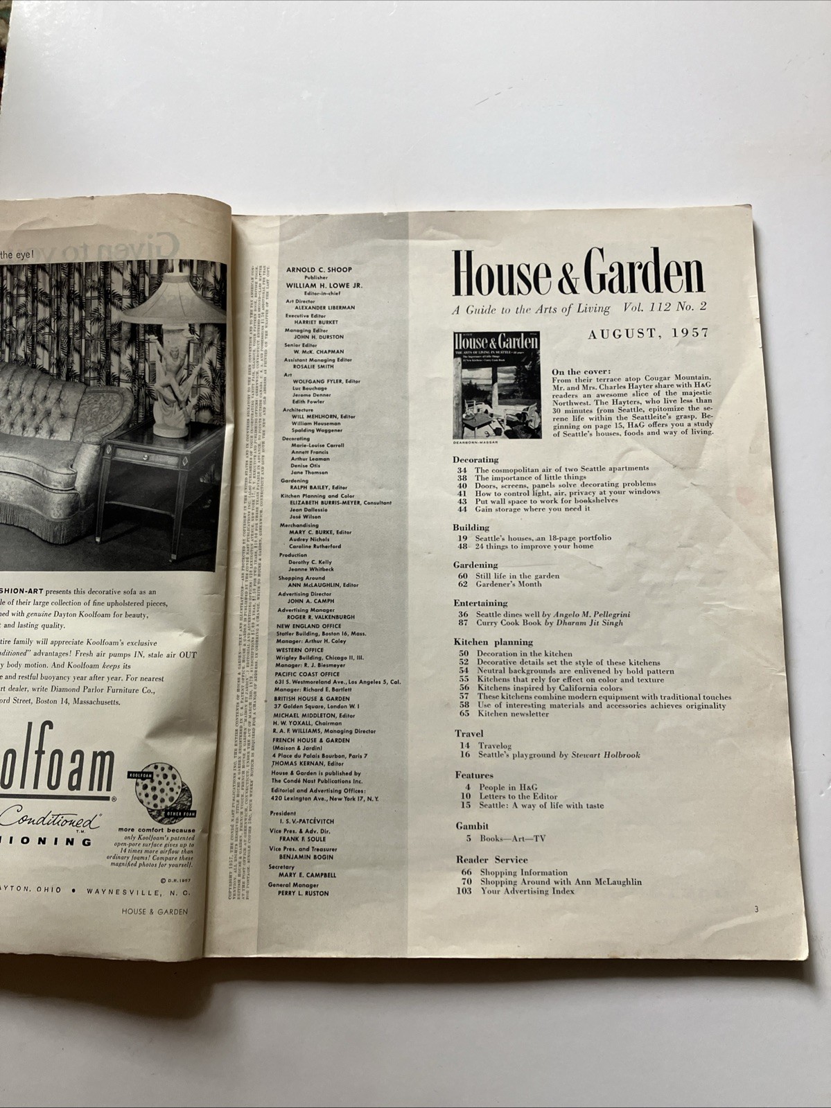 1957 House & Garden, The Arts of Living In Seattle, 104 Pages, Condenast Pub.