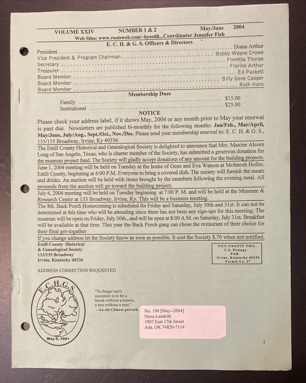 Estill County Kentucky Genealogical Society 2004 Newsletter 6 Issues ECHGS
