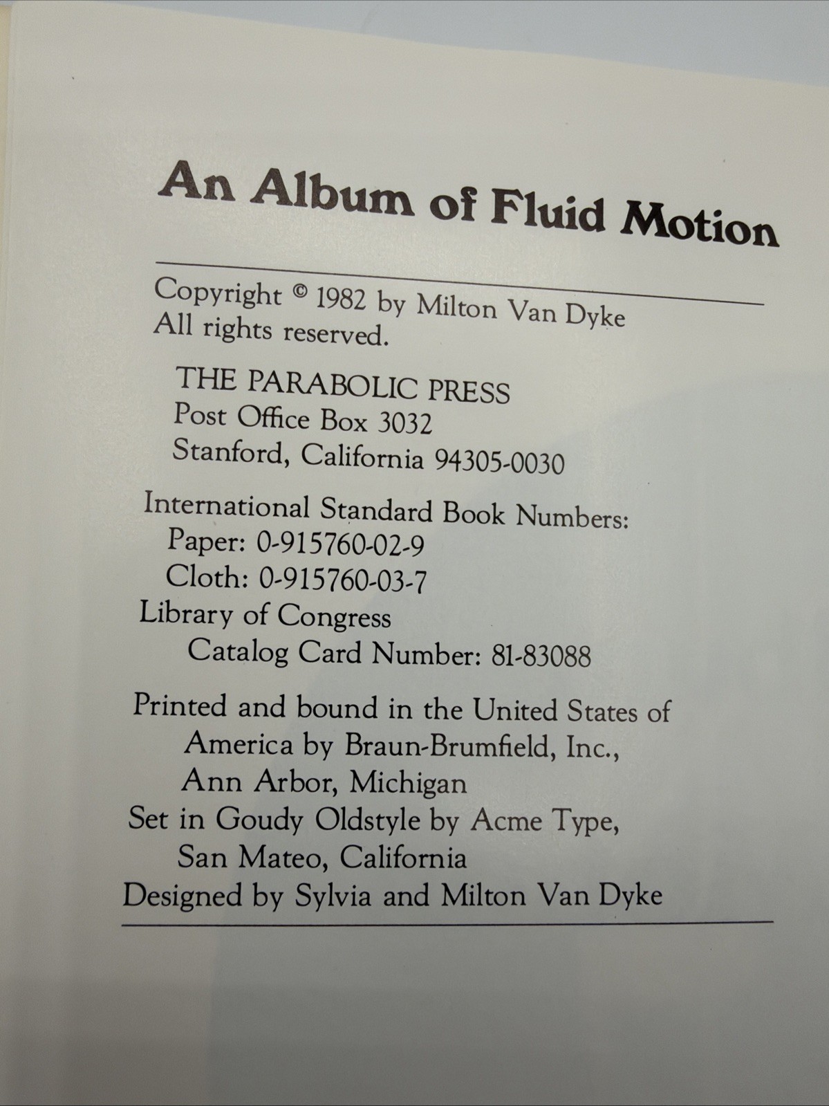 An Album Of Fluid Motion 1982 Paperback 174 Pages Milton Van Dyke Order Form Inc
