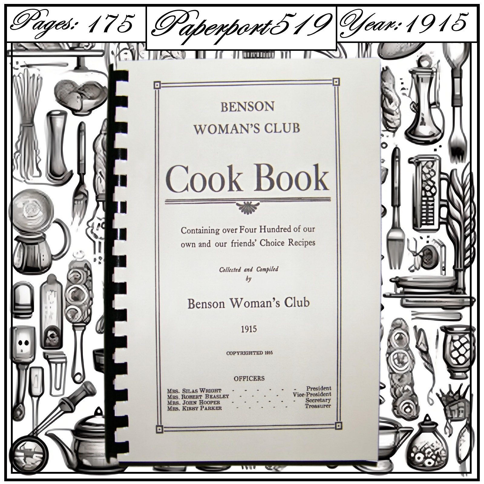 1915 Benson Woman&rsquo;s Club Vintage Cook Book 175 Pages
