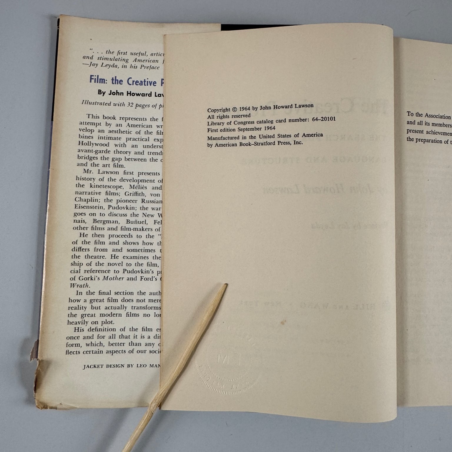 Film: the Creative Process John Howard Lawson 1964 First Edition Illustrated