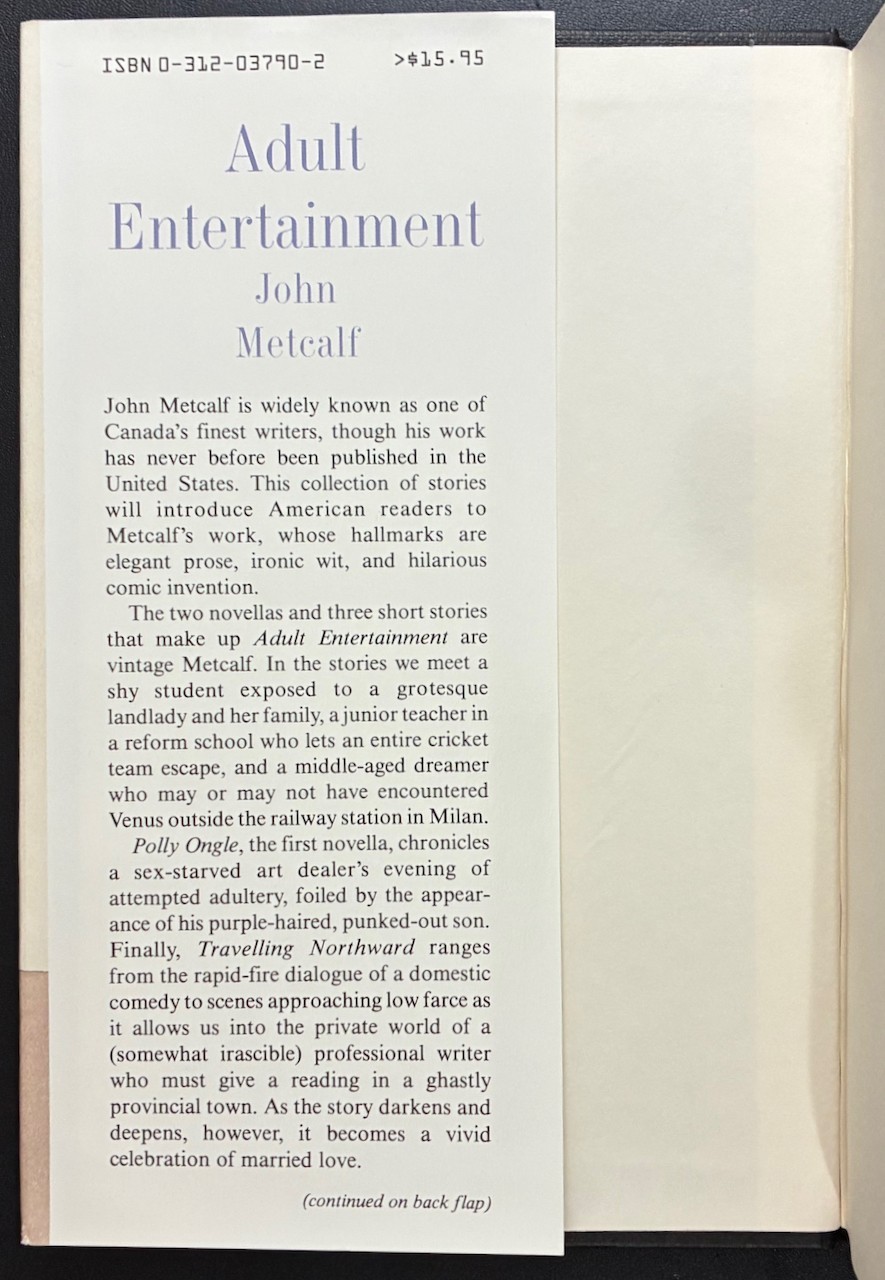 Adult Entertainment Stories by John Metcalf 1986 St Martin&rsquo;s Press First 1st HC