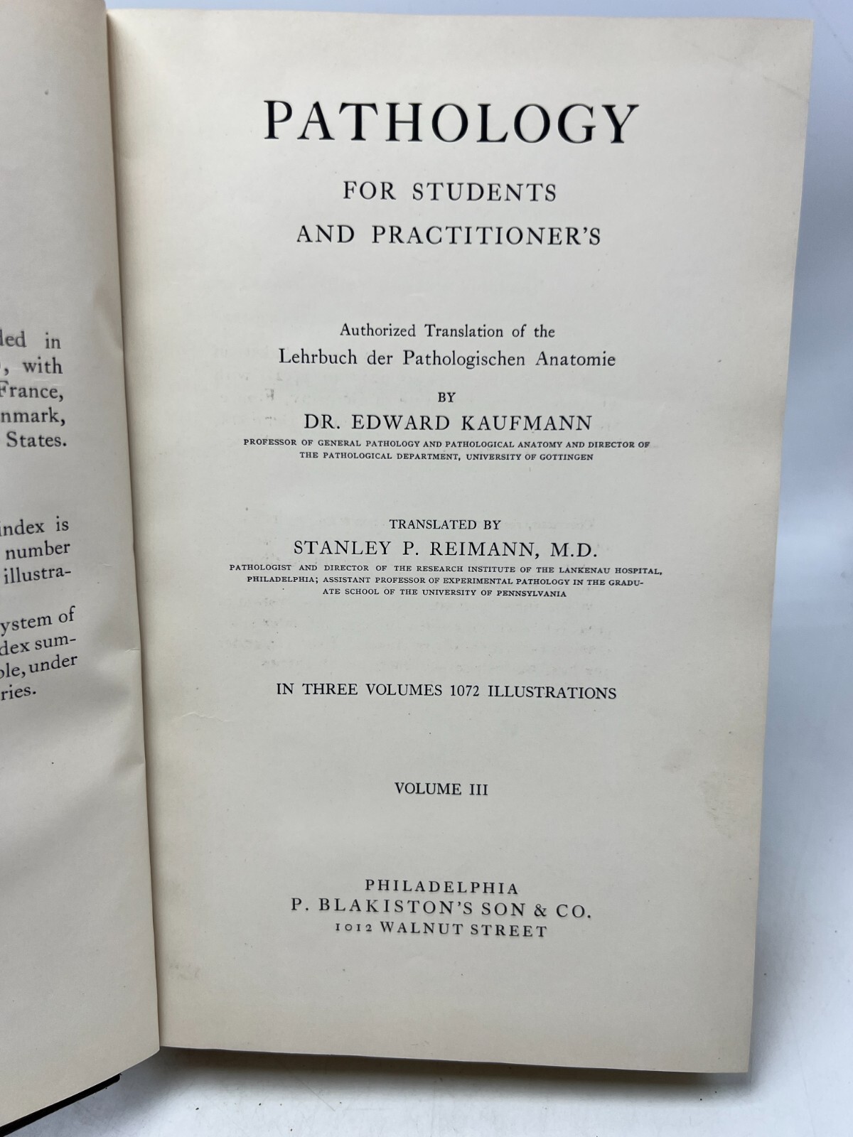 Pathology for Students and Practitioner&rsquo;s Volumes I, II, III by Kaufmann (1929,H