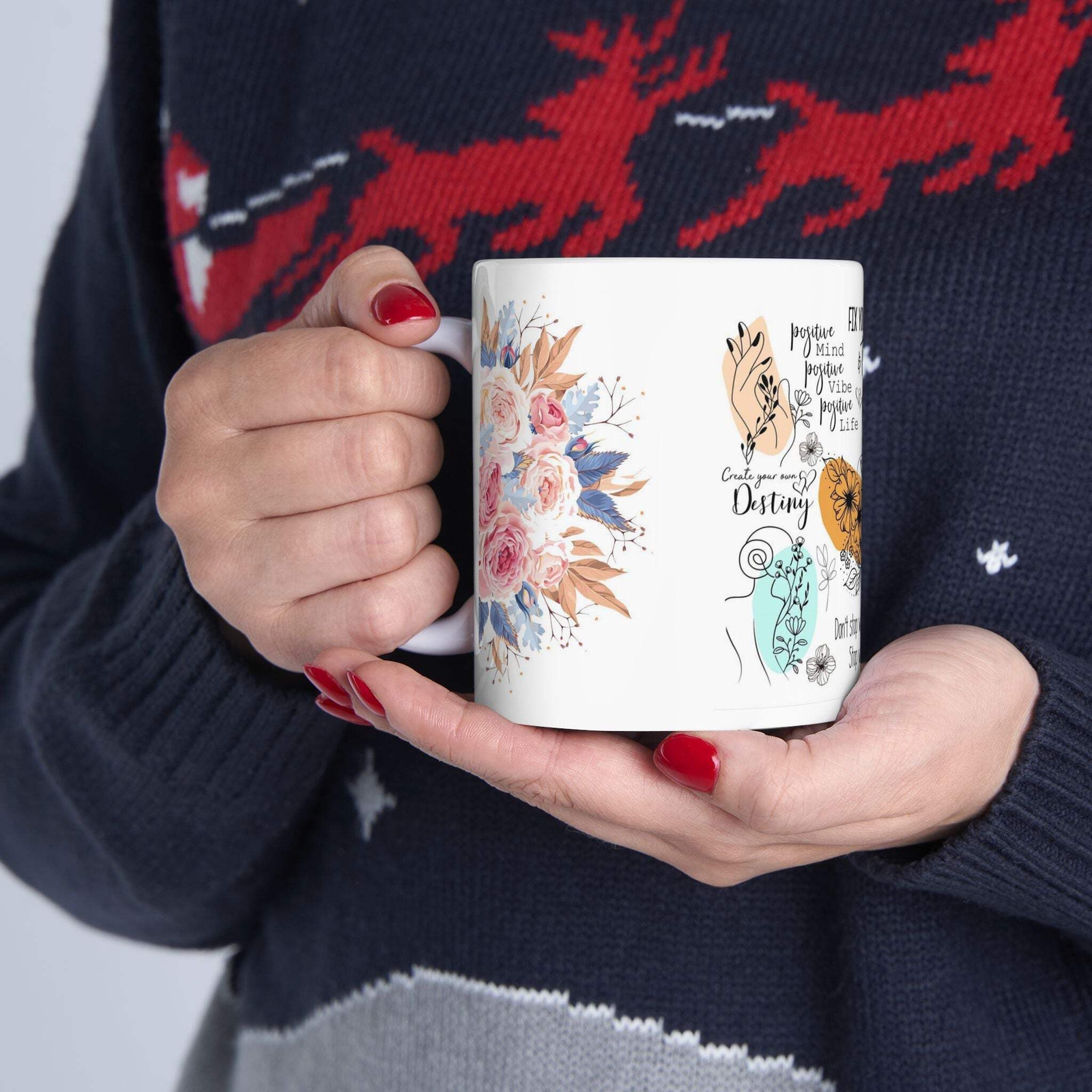 Inspirational Floral Ceramic Mug – 11oz/15oz, Motivational Quote & Botanical Des