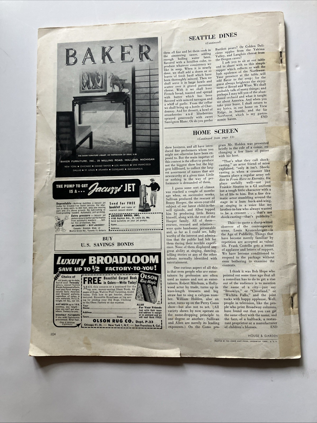 1957 House & Garden, The Arts of Living In Seattle, 104 Pages, Condenast Pub.