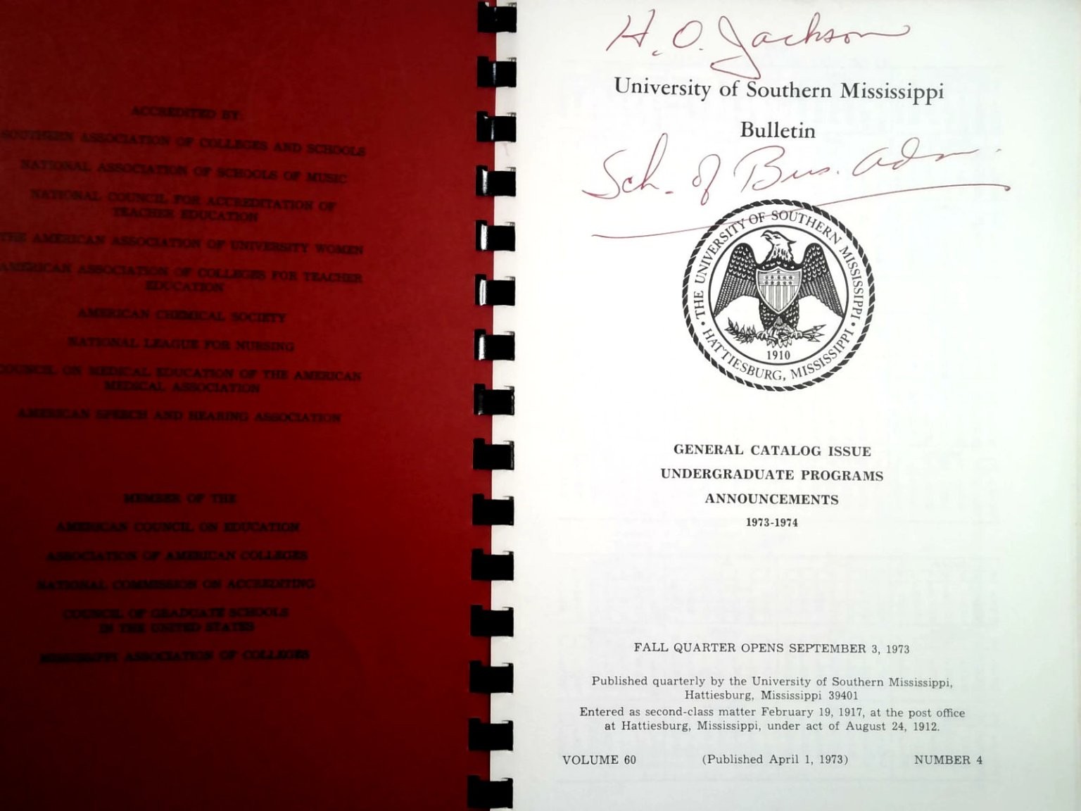 USM Bulletin 1973-74 University of Southern Mississippi Catalog Hattiesburg MS