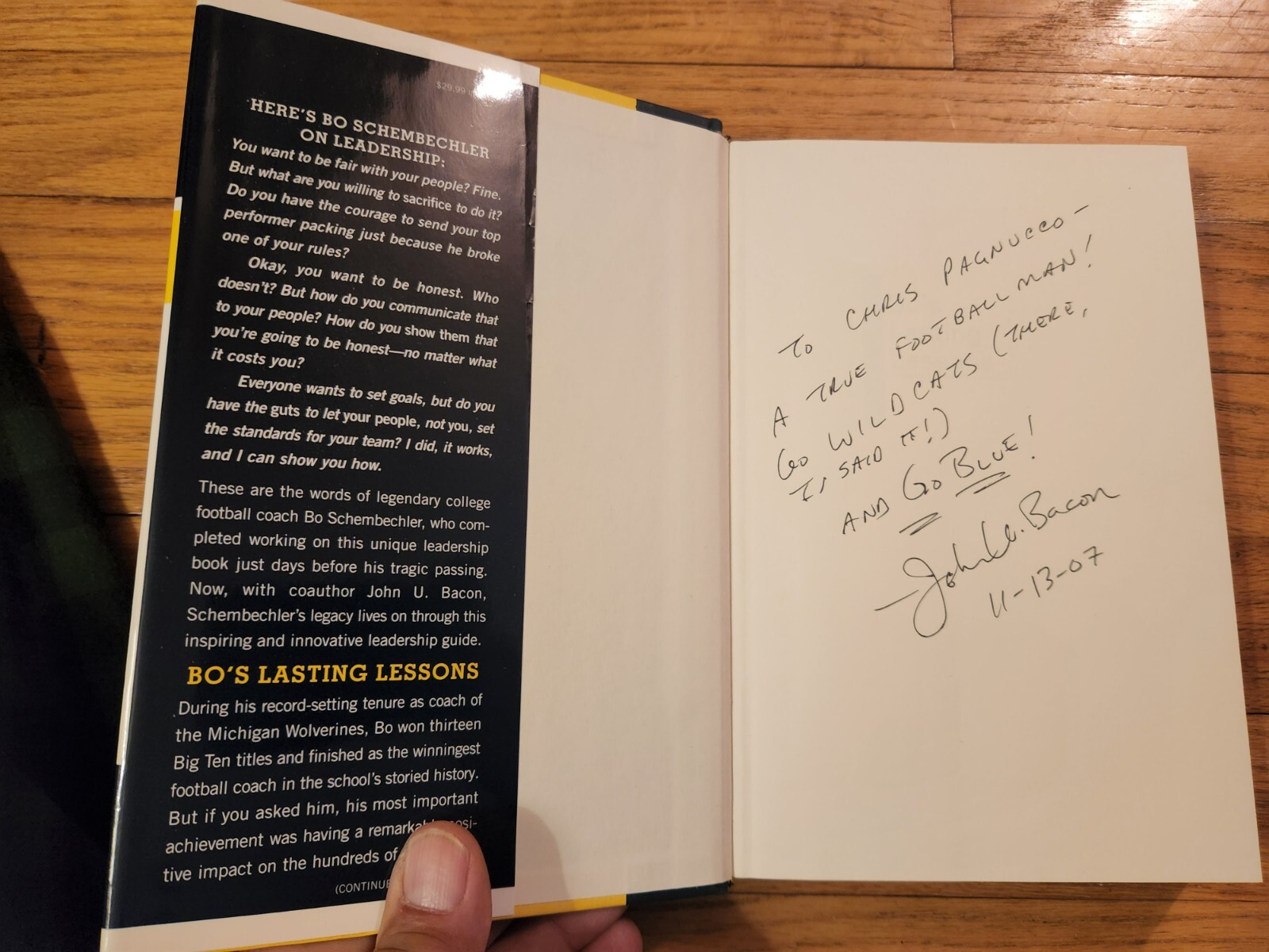 John Bacon SIGNED Bo&rsquo;s Lasting Lessons Michigan Schembechler First Edition COA