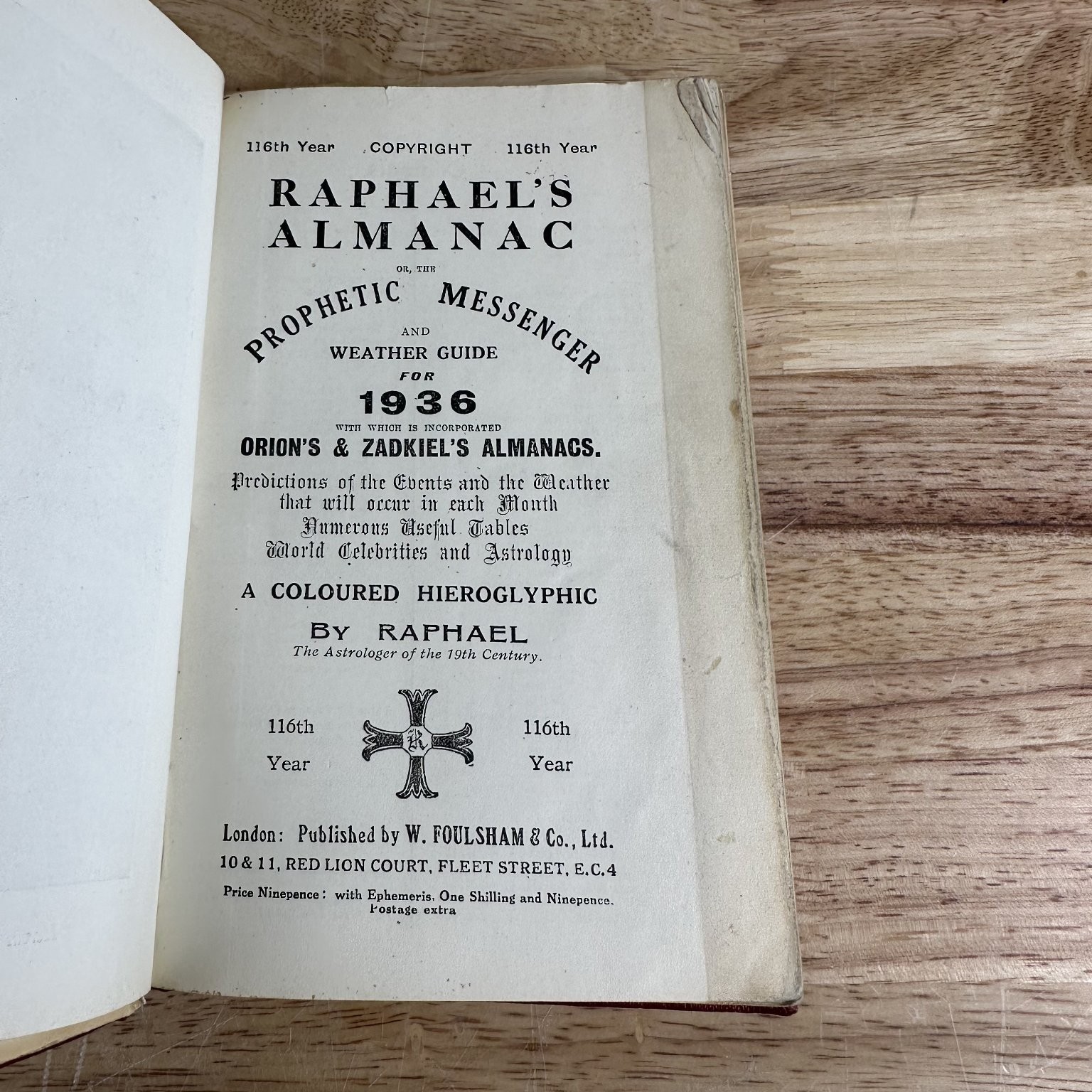 Raphael&rsquo;s Almanac Prophetic Messenger 1936 116th Ed Astrology W. Foulsham