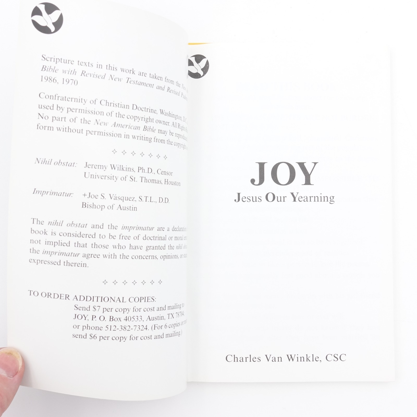 Joy Jesus Our Yearning Charles Van Winkle 1991 PB 124 pages VGUC + 2 Faith Cards