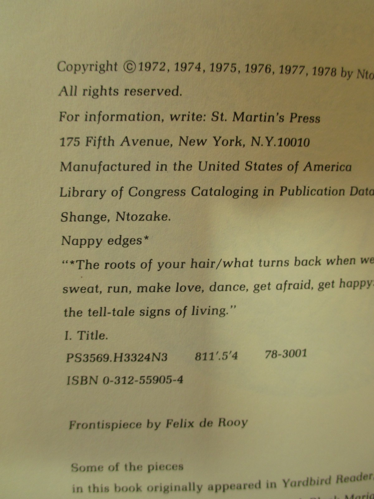 poetry book NAPPY EDGES by NTOZAKE SHANGE 1978 hc + dj St Martin&rsquo;s Press