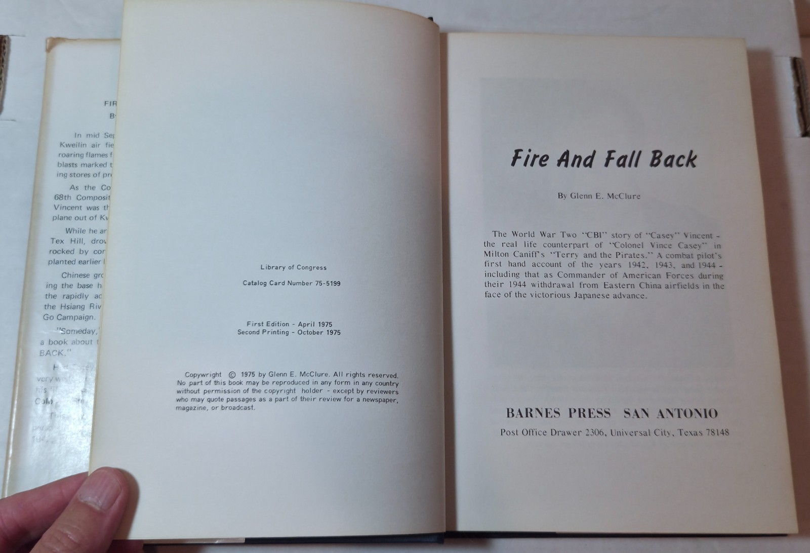 1975 « Fire and Fall Back » Casey Vincent WWII in China Burma India book