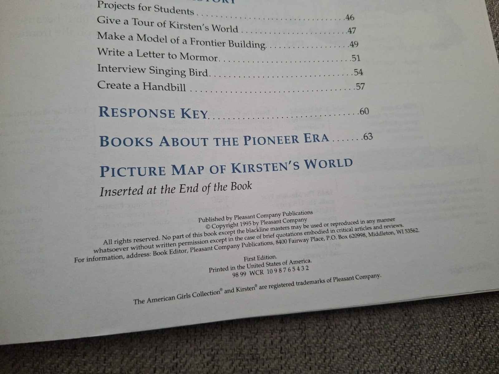 American Girls Collection Kirsten Teacher&rsquo;s Guide w/ Map -1 Page Has Writing