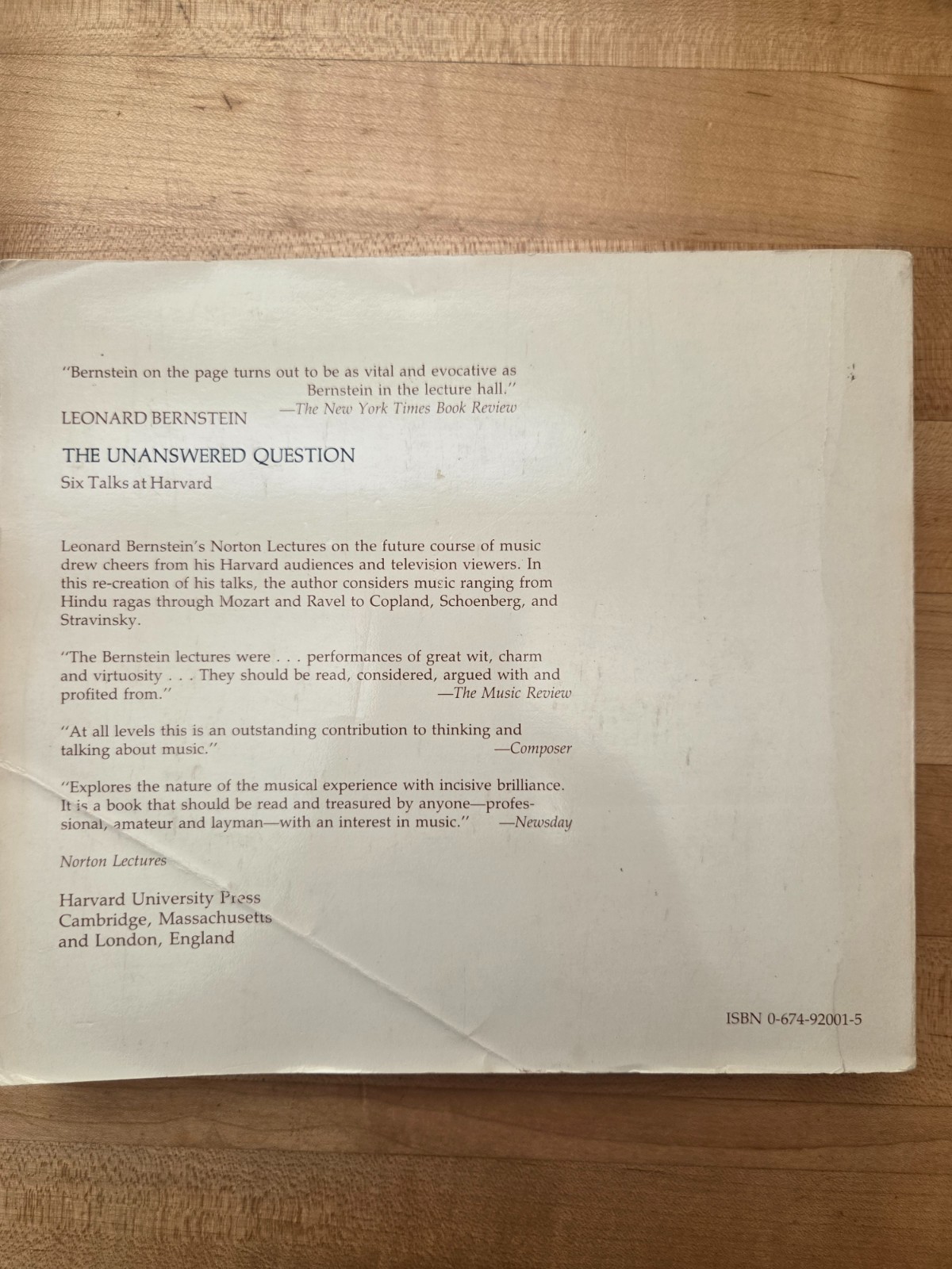 The Unanswered Question Six talks at Harvard by Leonard Bernstein Book