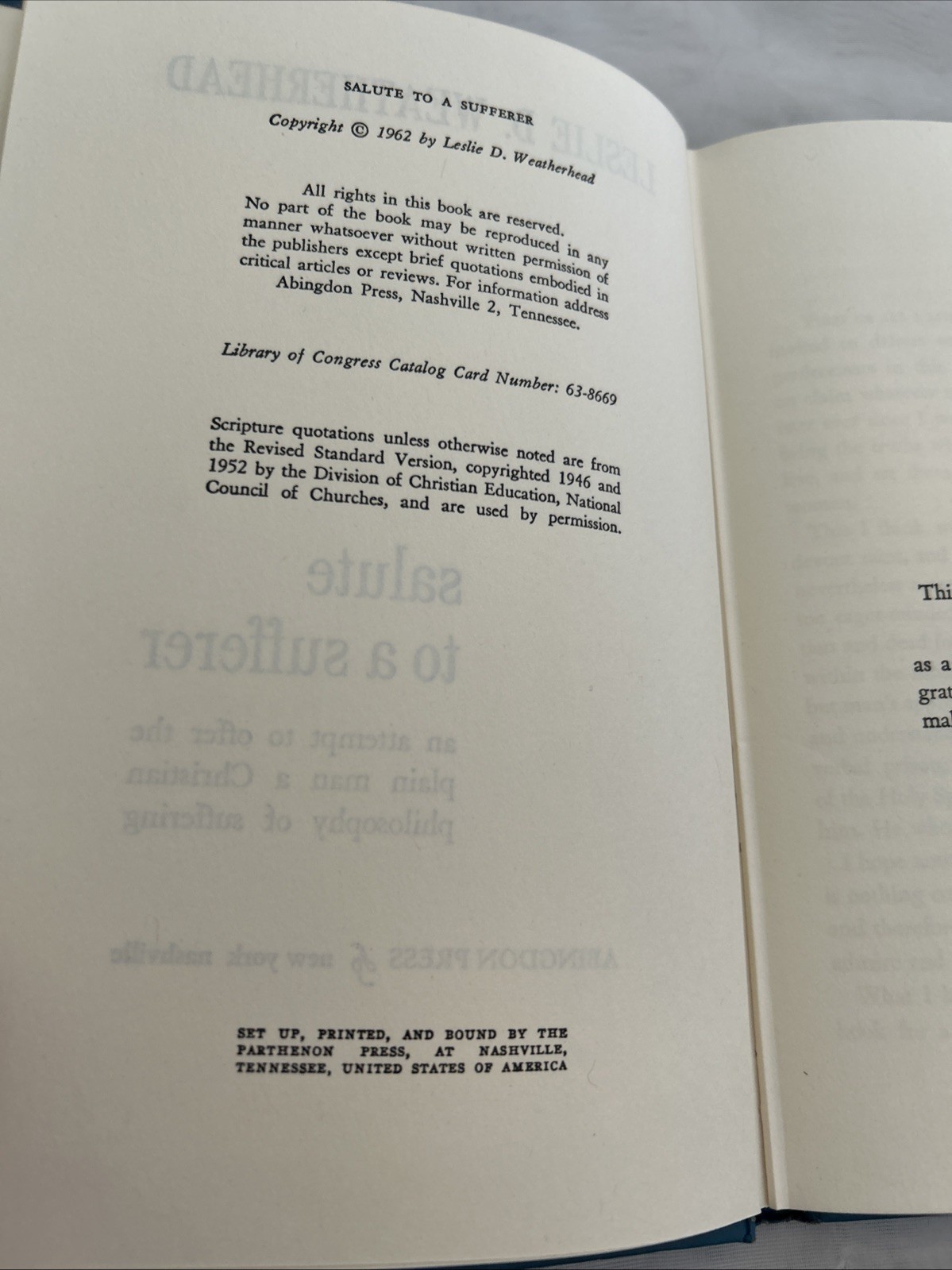 Salute To A Sufferer By Leslie D Weatherhead 1962 (HC) Abingdon Press