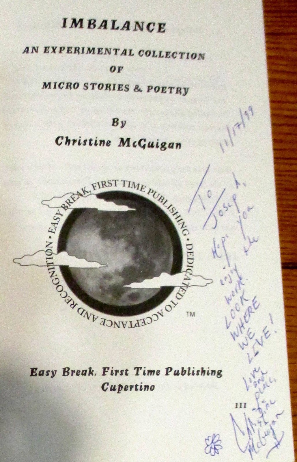 1998 Imbalance by Christine McGuigan SIGNED Trade Paperback 56 pages
