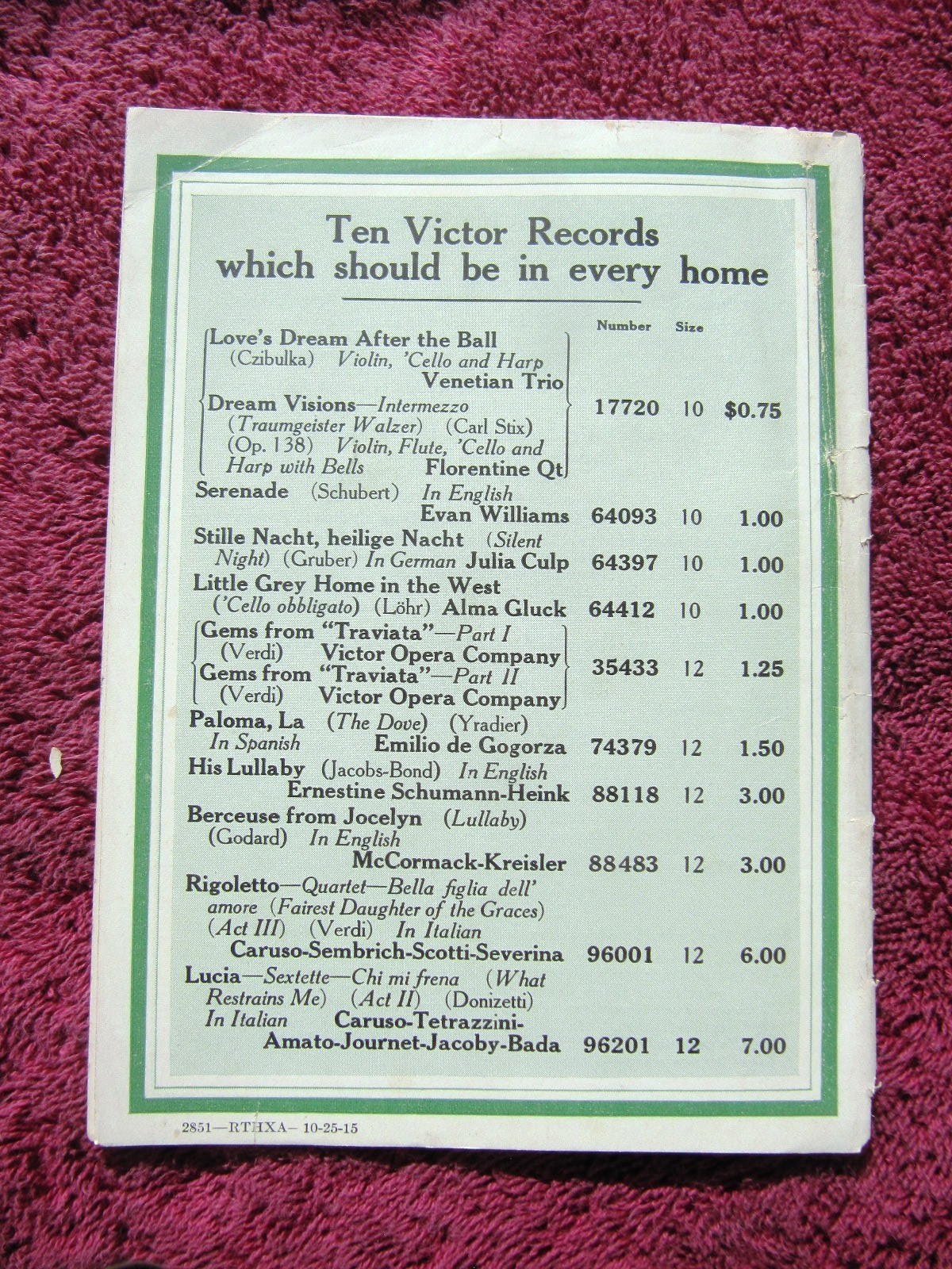 VICTOR BOOK OF THE OPERA Debut New RECORDS DEC 1915 Supplement Victrola CATALOG