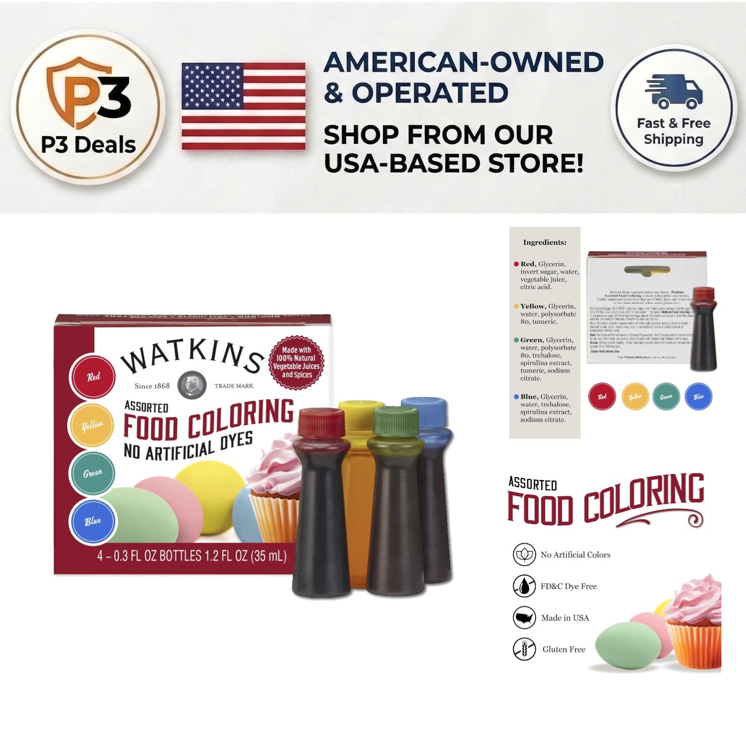 Natural Assorted Food Coloring – Red, Yellow, Green & Blue | 4 Bottles 0.3 oz
