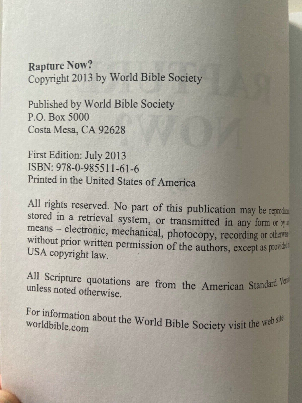 Rapture Now? by F. Kenton Beshore (2013, Paperback) World Bible Society RARE OOP