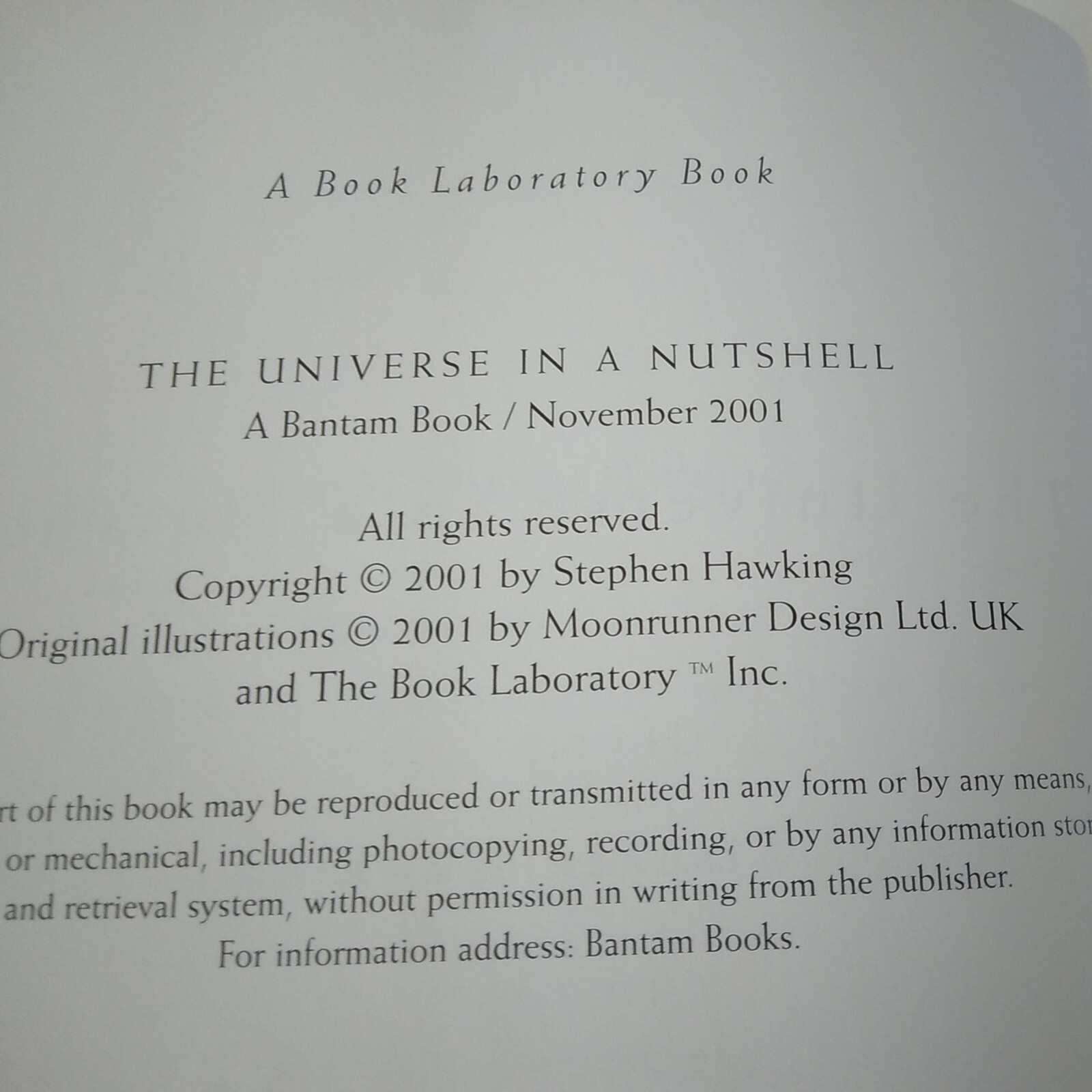 « The Universe In A Nutshell »-Stephen Hawking, Bantam 1st Ed./Print 2001 HC DJ VG