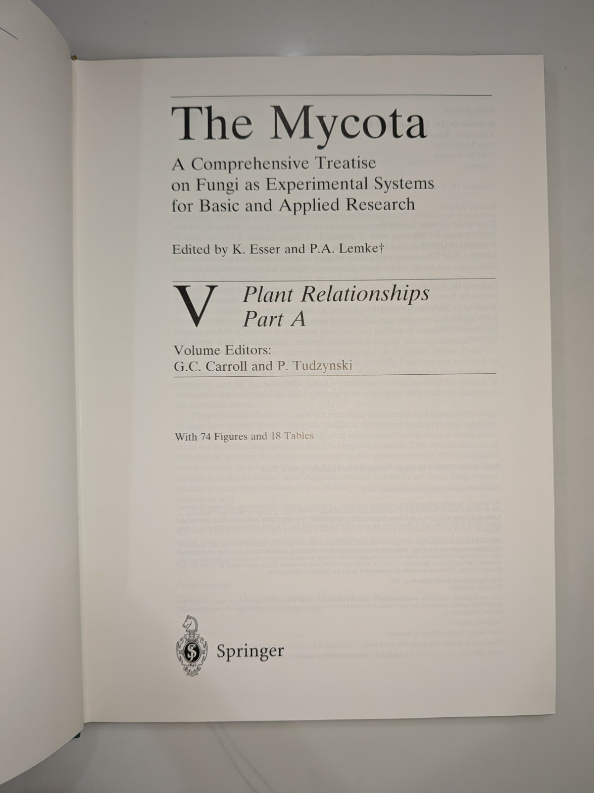 The Mycota Vol V Plant Relationships Part A – Carroll / 1997 Hardcover Springer