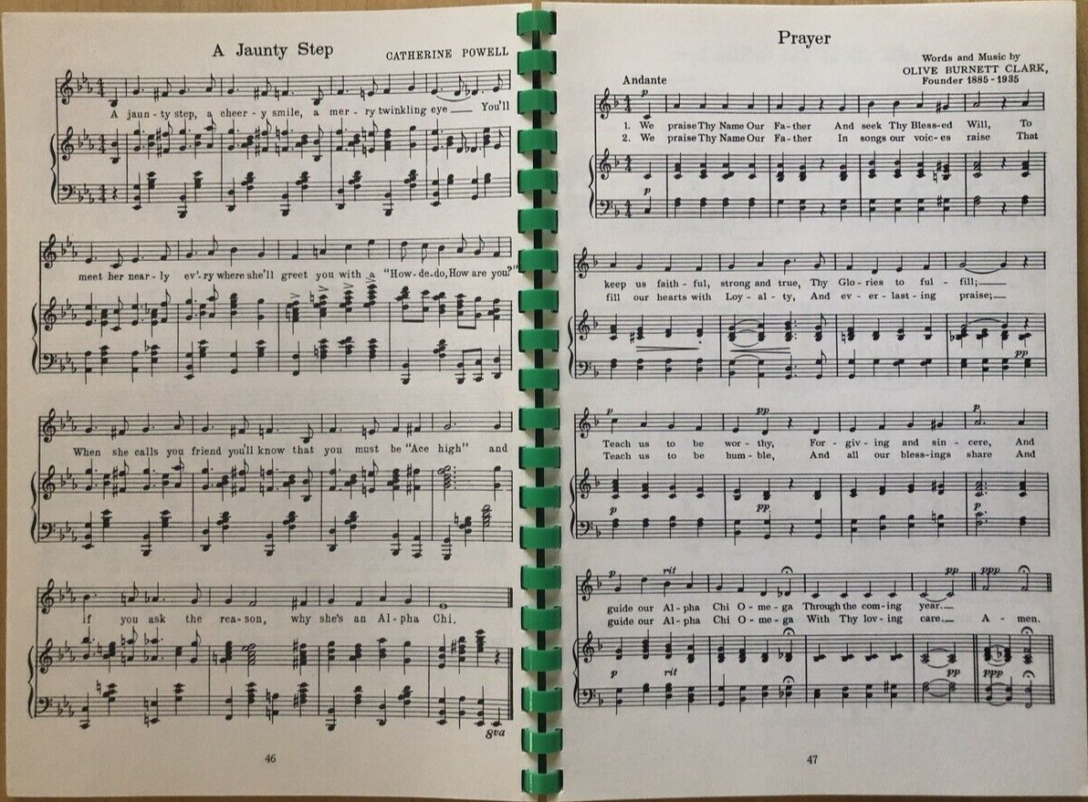 Songs of Alpha Chi Omega, 1952 paperback 11th Ed. Revised, 112 pages w/ 64 songs