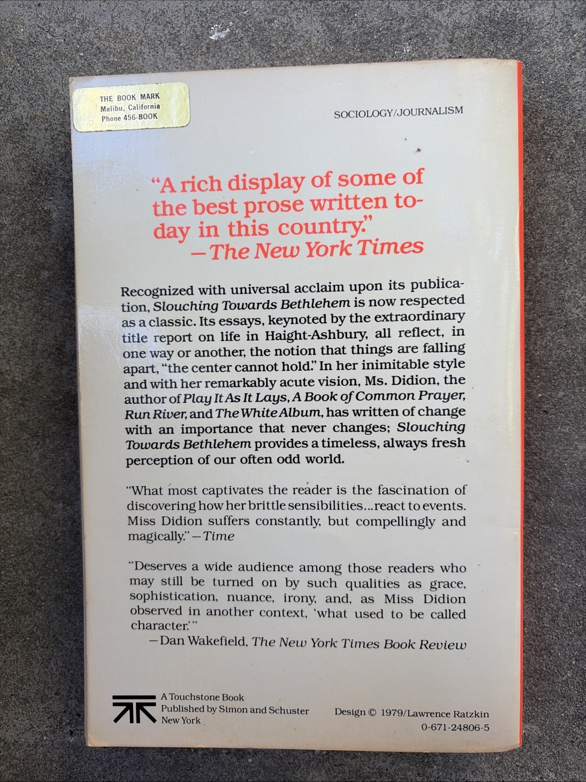 Joan Didion, Slouching Towards Bethlehem. &rsquo;79 Touchstone Trade Paperback