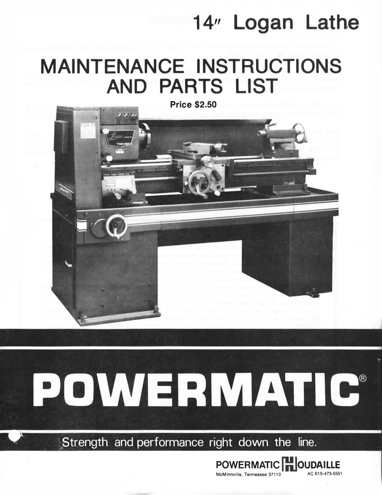 Logan Lathe 14&Prime; Powermatic Maintenance Instructions and Parts List: 56 Pages