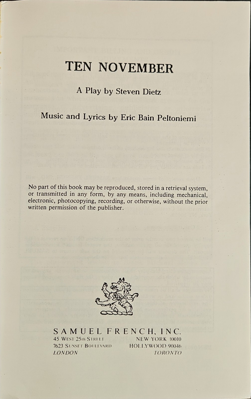 Ten November A play by Steven Dietz Music and Lyrics by Eric Bain Peltoniemi
