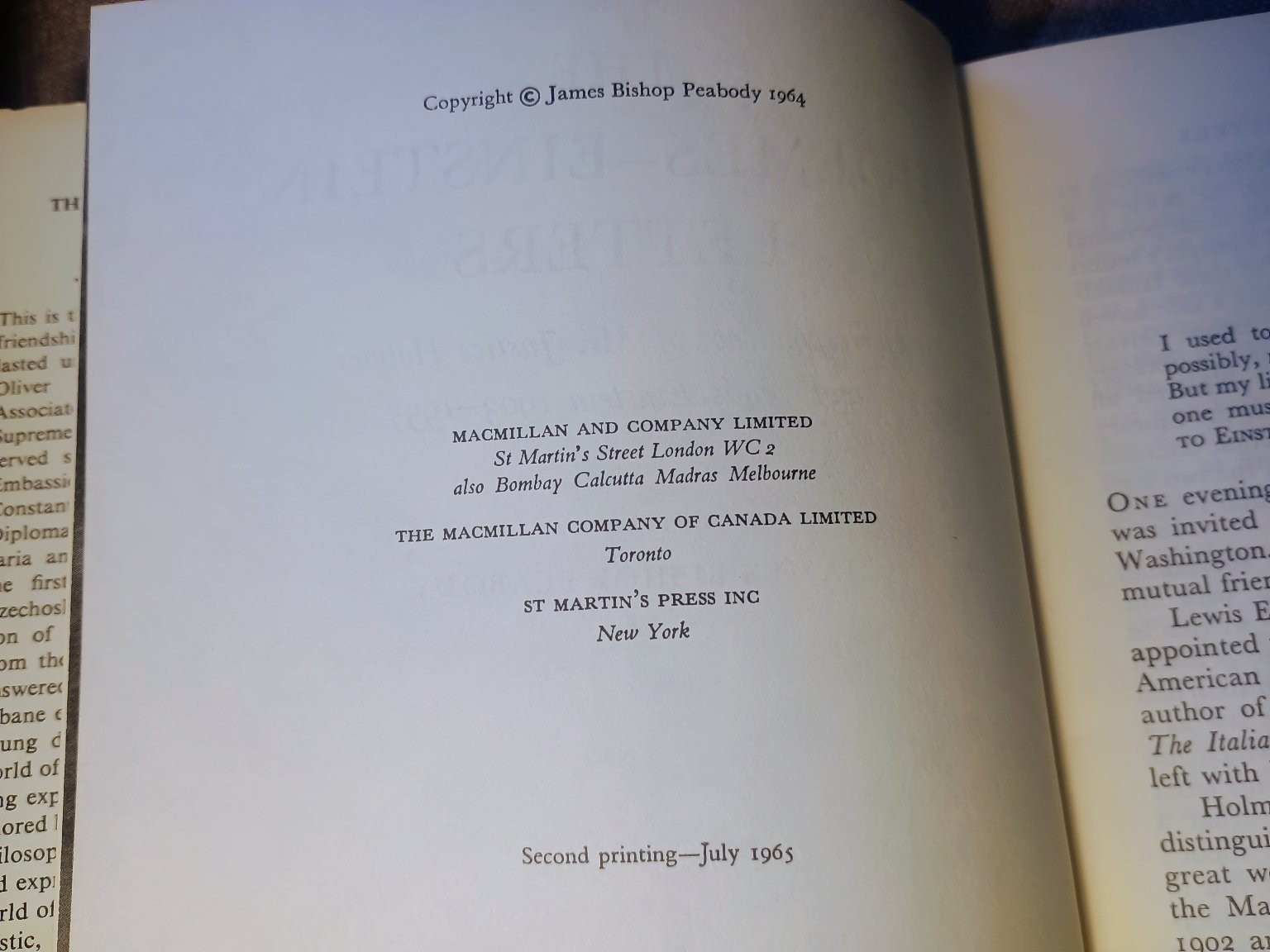 Holmes-Einstein Letters Peabody 1965 Second Printing History St. Martin&rsquo;s Press