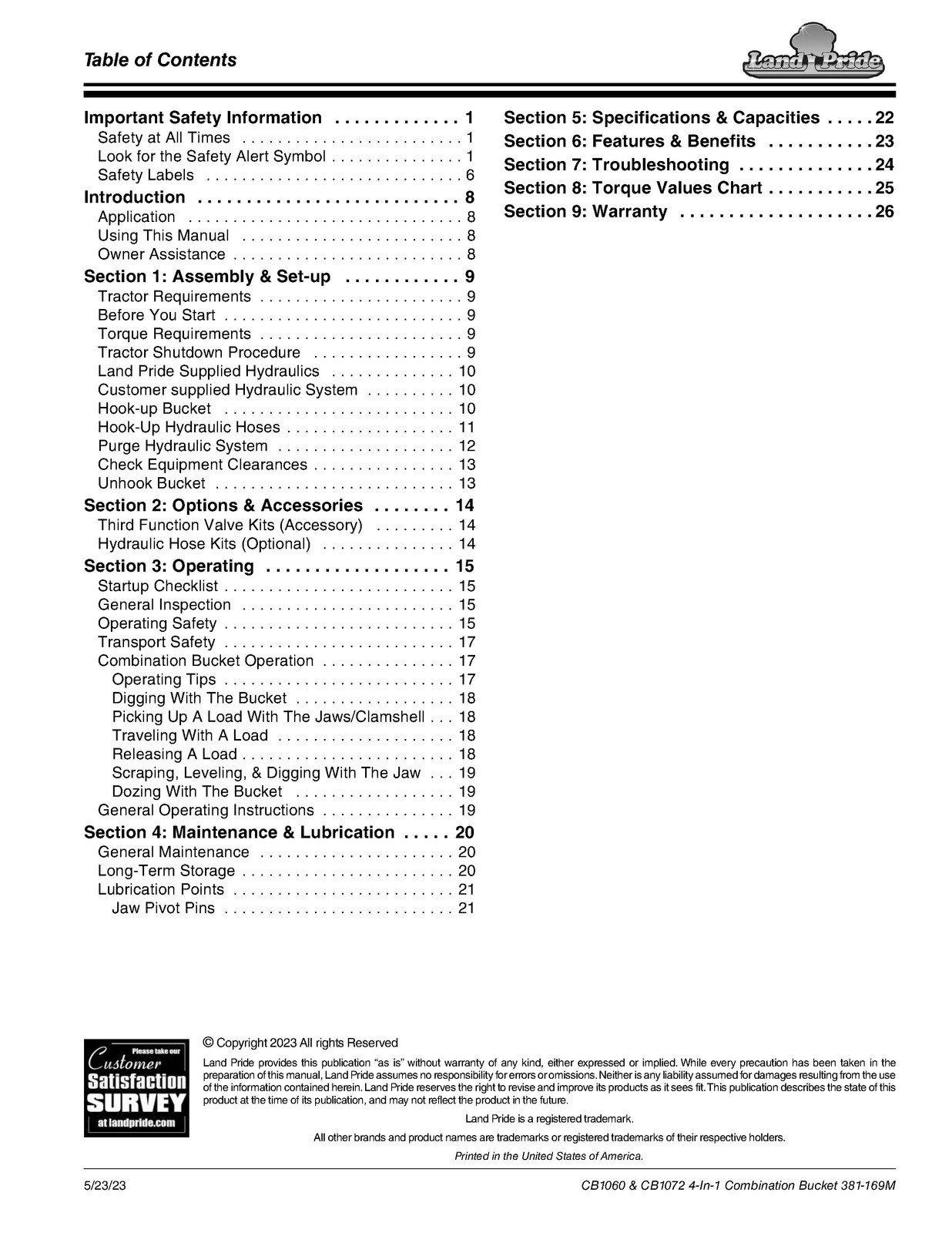 LAND PRIDE CB1060 CB1072 4-In-1 Combination Bucket Operators Manual BINDING